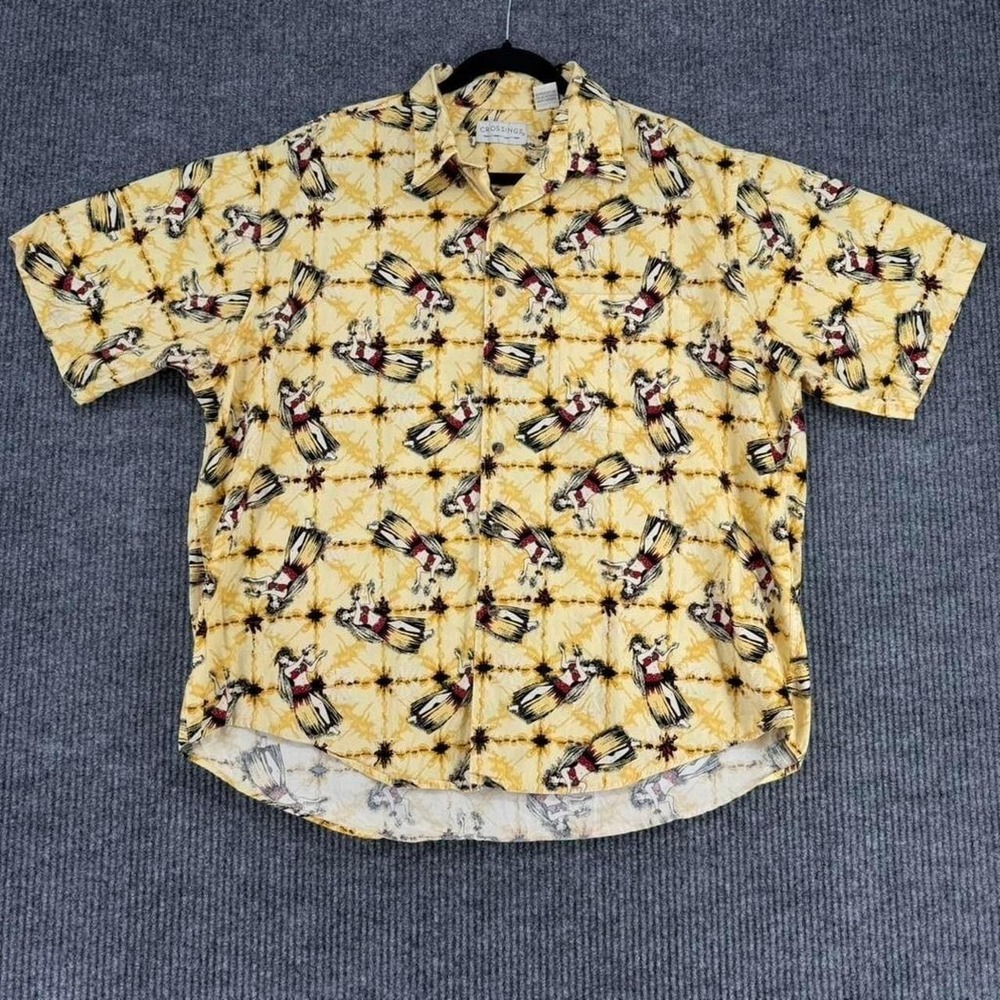 Vintage Crossings Hawaiian shirt men's XL hula girl camp shirt yellow cotton